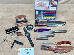 LARGE LOT OF HUNTING KNIVES, SHARPENING SYSTEM, POCKET KNIVES AND WATCHES