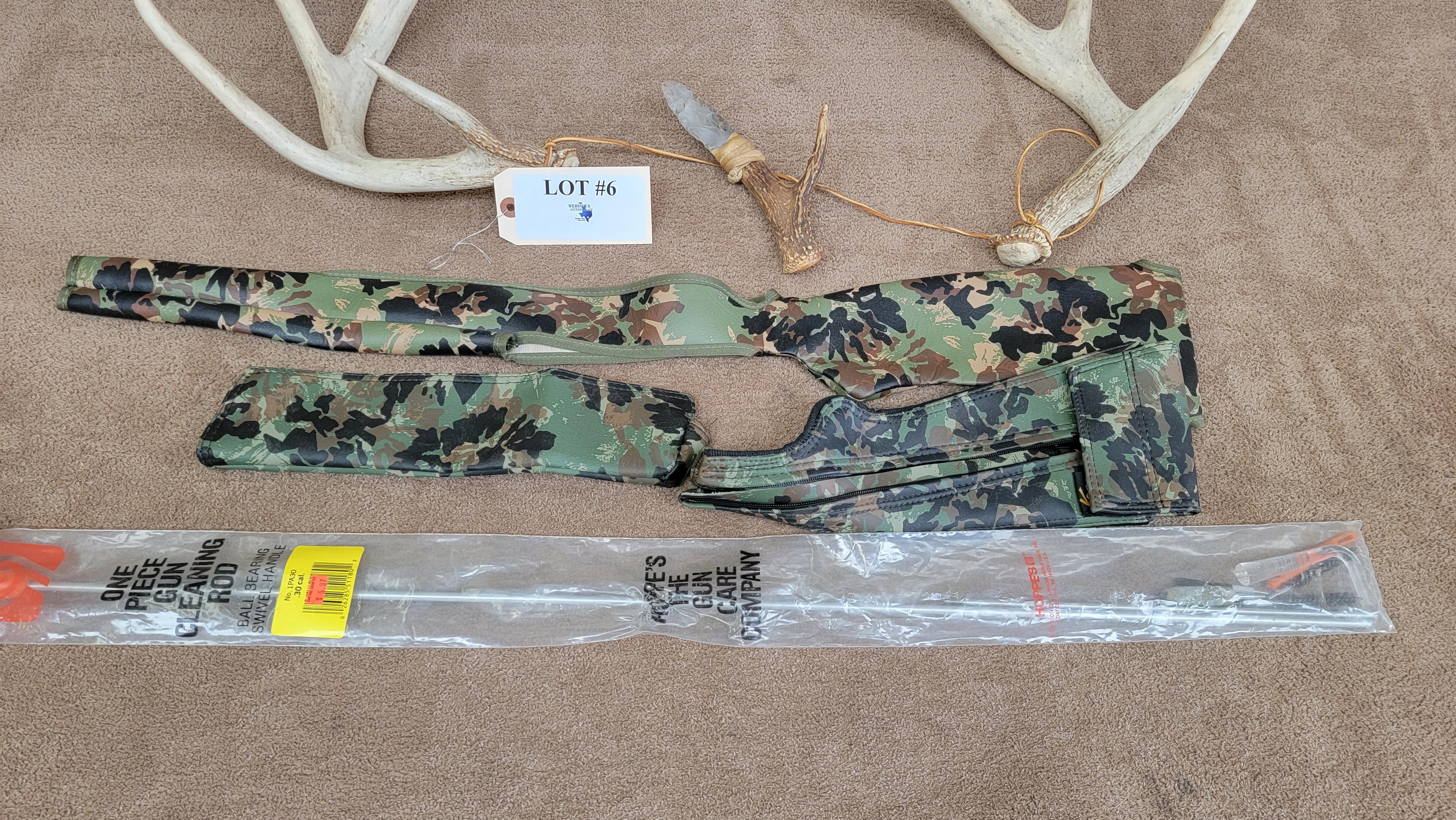 LOT OF ANTLERS, ANTLER KNIFE, AND CAMO GUN JACKETS