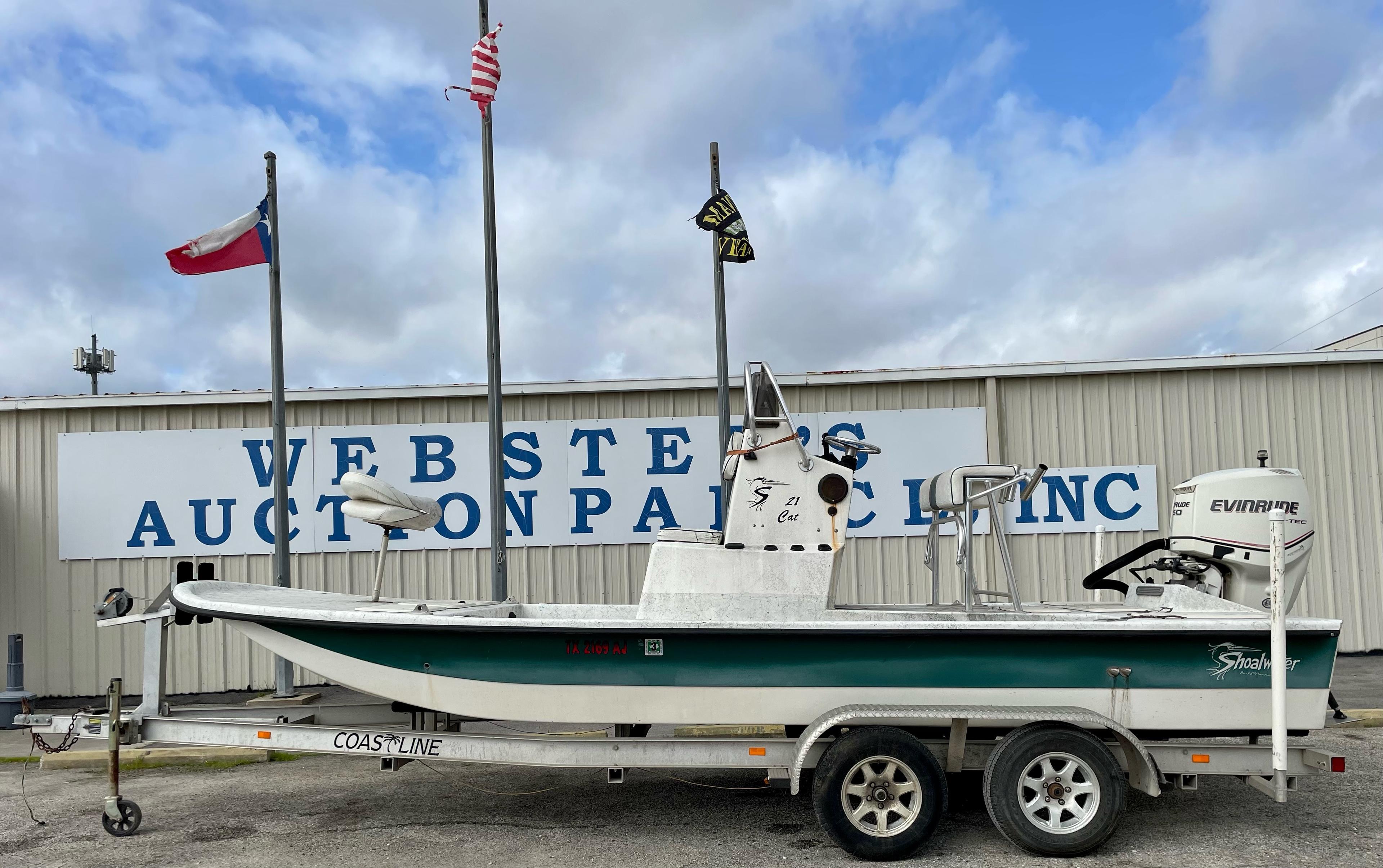 2007 SHOALWATER BOAT WITH 2007 EVINRUDE 150HP MOTOR AND 2007 COASTAL BOAT TRAILER