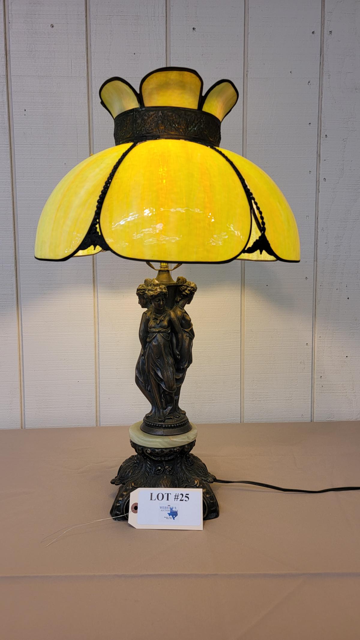 ANTIQUE BRONZE LAMP WITH MARBLE INSERT IN BASE AND SLAG GLASS SHADE