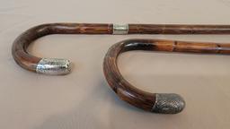 2PC WOOD WALKING CANES WITH STERLING SILVER TIPS