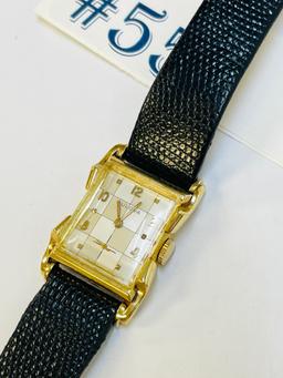 14KT BULOVA WATCH WITH LEATHER BAND