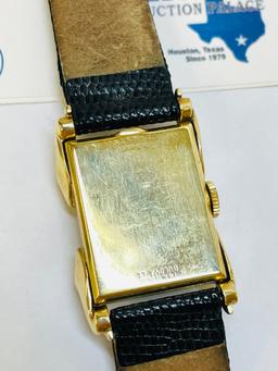 14KT BULOVA WATCH WITH LEATHER BAND