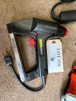LOT OF DRILLS, SOLDERING TOOLS, STAPLER WITH CHARGERS
