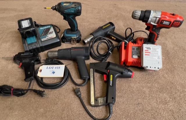 LOT OF DRILLS, SOLDERING TOOLS, STAPLER WITH CHARGERS