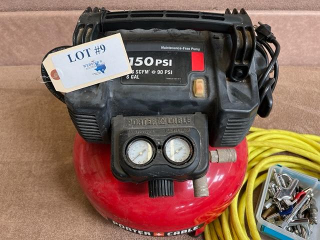 150PSI PORTER CABLE AIR COMPRESSOR WITH HOSE AND ATTACHMENTS