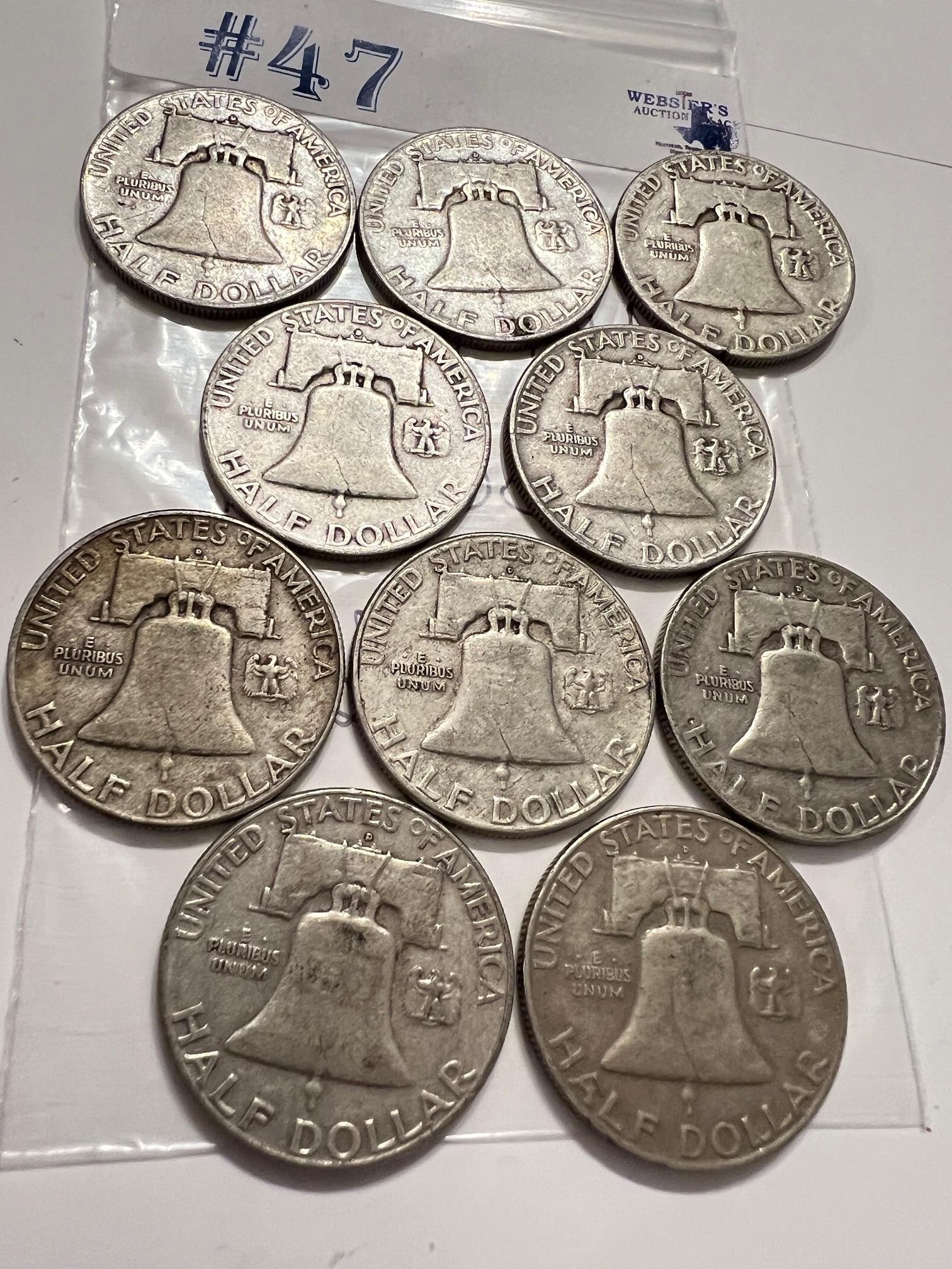 10PC SILVER FRANKLIN HALF DOLLARS 1954, 1958-1959, 1962-1963