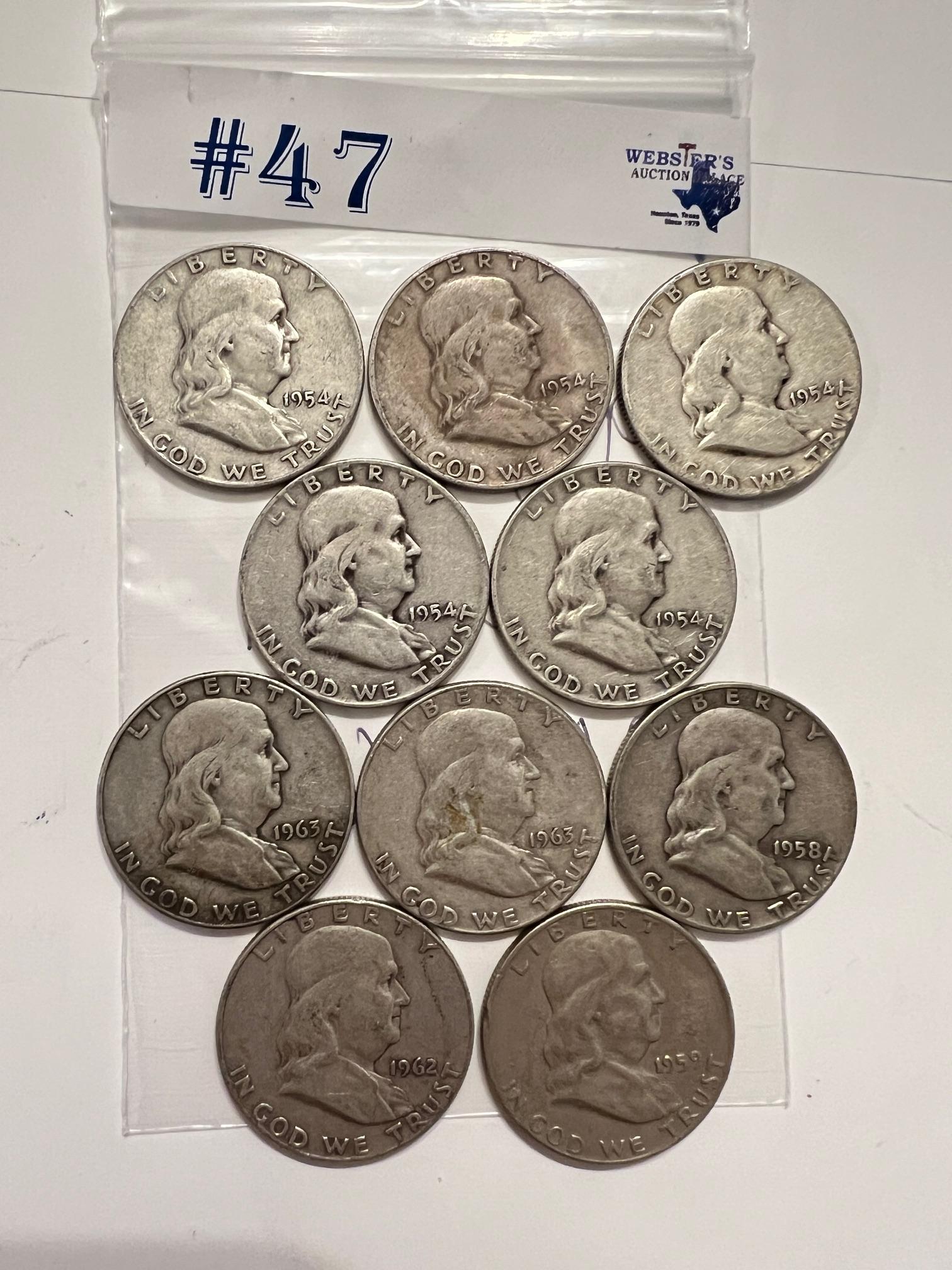 10PC SILVER FRANKLIN HALF DOLLARS 1954, 1958-1959, 1962-1963