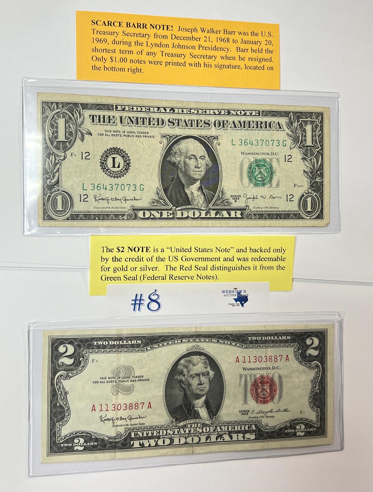 2PC U.S. FEDERAL RESERVE NOTES $1 BARR AND $2 NOTES