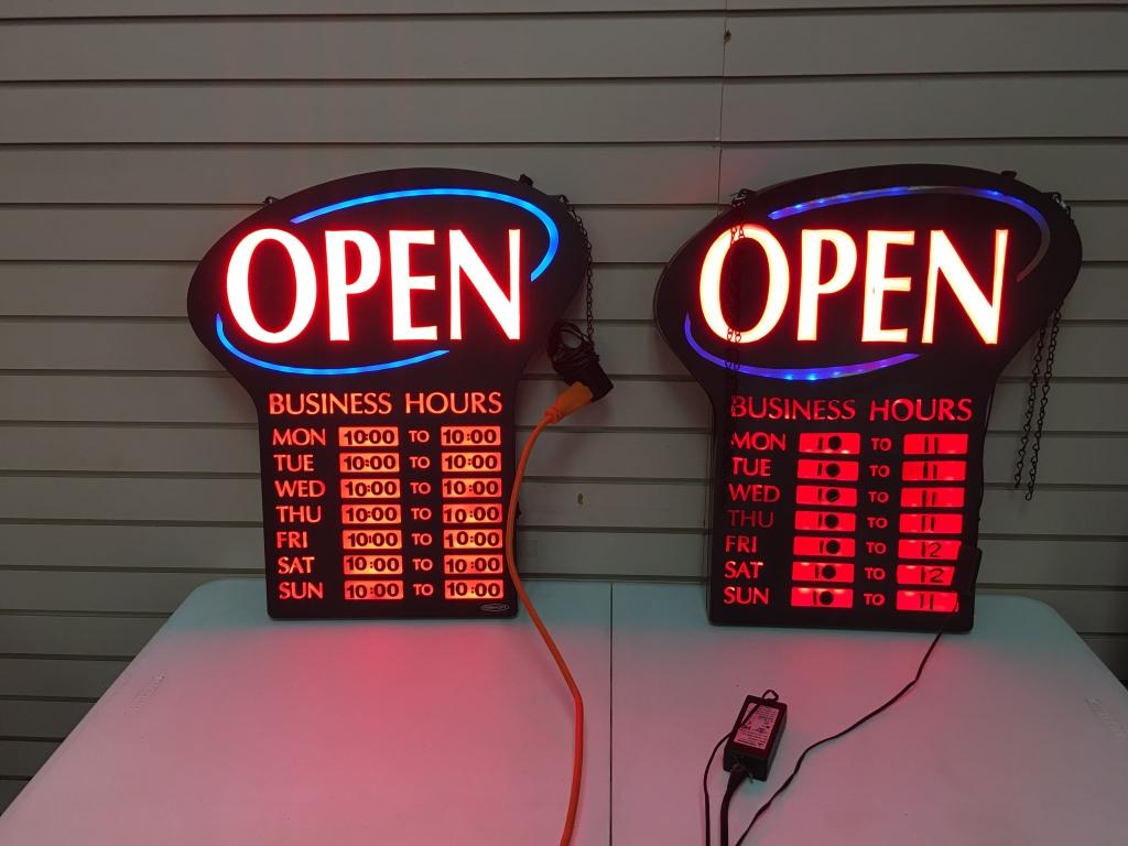 Flashing Open Signs with Business Hours One flashing, one not flashing