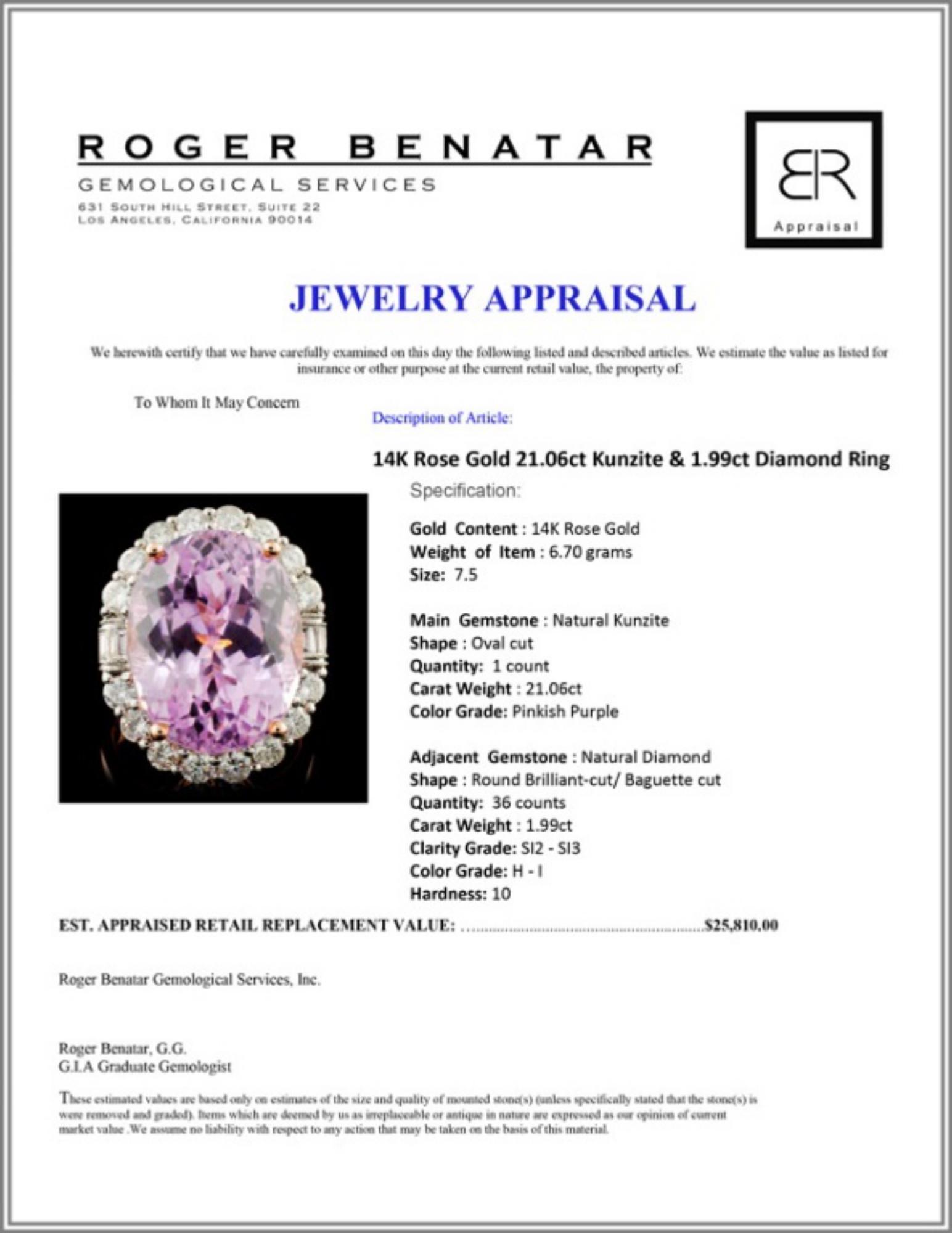 14K R Gold 21.06ct Kunzite & 1.99ct Diamond Ring