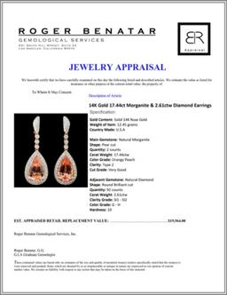 14K Gold 17.44ct Morganite & 2.61ctw Diamond Earri