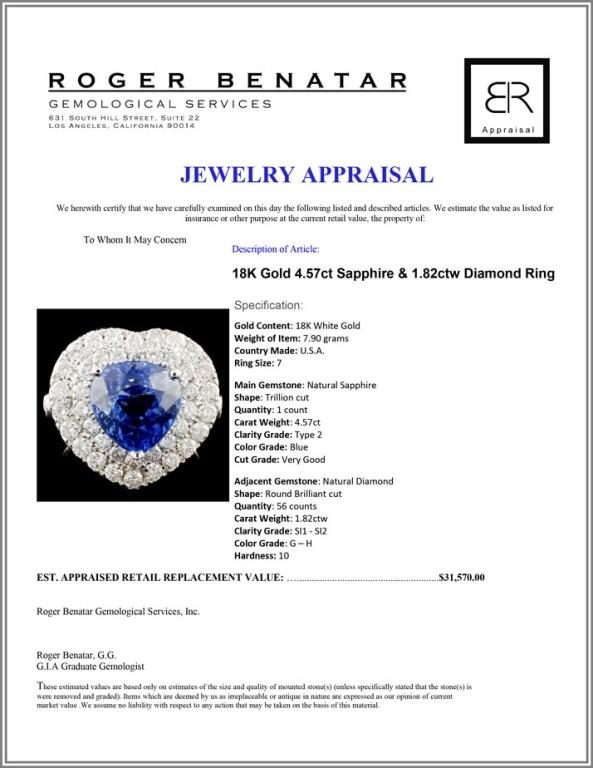18K Gold 4.57ct Sapphire & 1.82ctw Diamond Ring