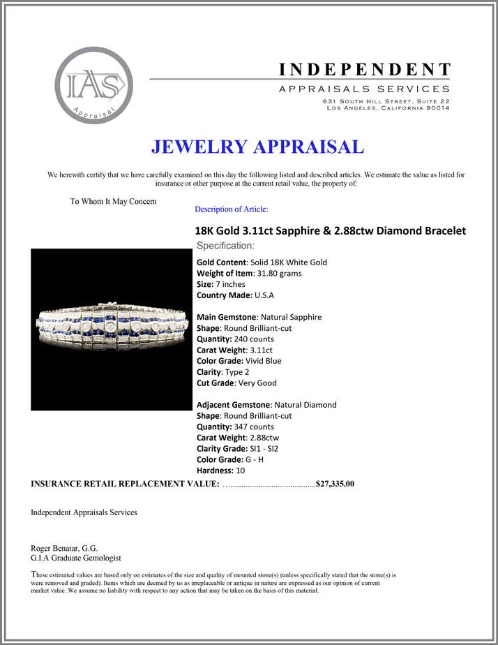 18K Gold 3.11ct Sapphire & 2.88ctw Diamond Bracele