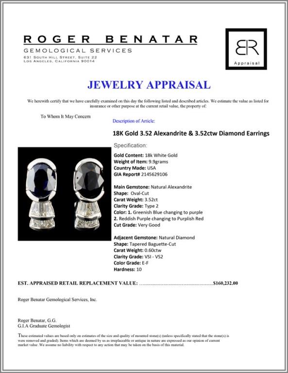 18K Gold 3.52 Alexandrite & 3.52ctw Diamond Earrin