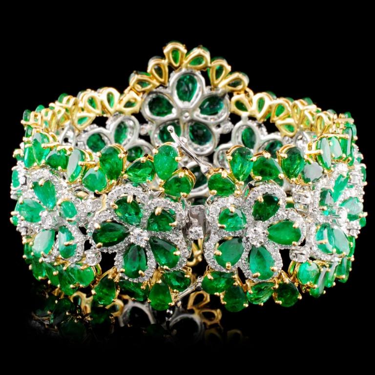 18K Gold 57.83ct Emerald & 8.02ctw Diamond Bracele