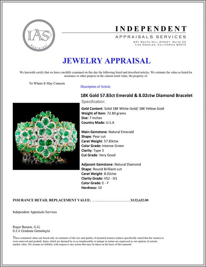 18K Gold 57.83ct Emerald & 8.02ctw Diamond Bracele
