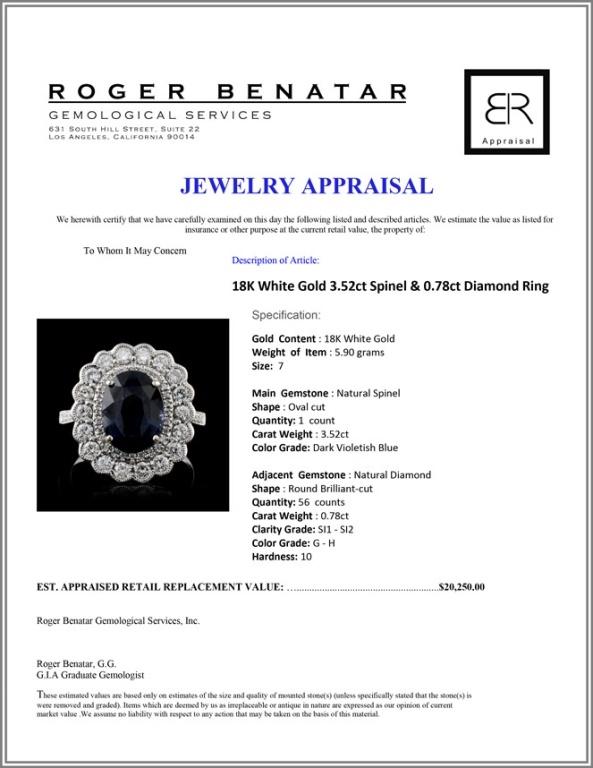 18K White Gold 3.52ct Spinel & 0.78ct Diamond Ring