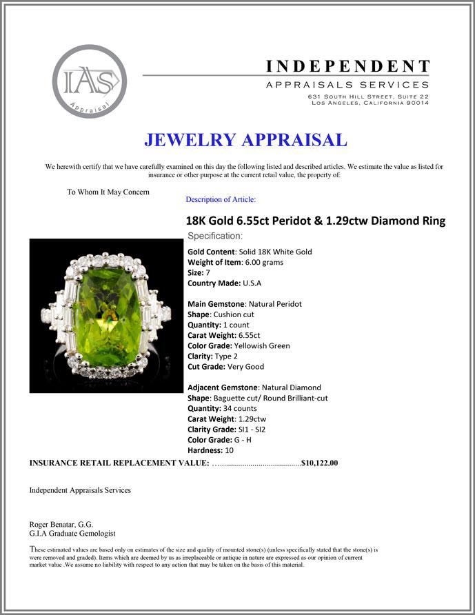 18K Gold 6.55ct Peridot & 1.29ctw Diamond Ring