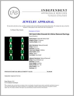 14K Gold 5.00ct Emerald & 0.35ctw Diamond Earrings