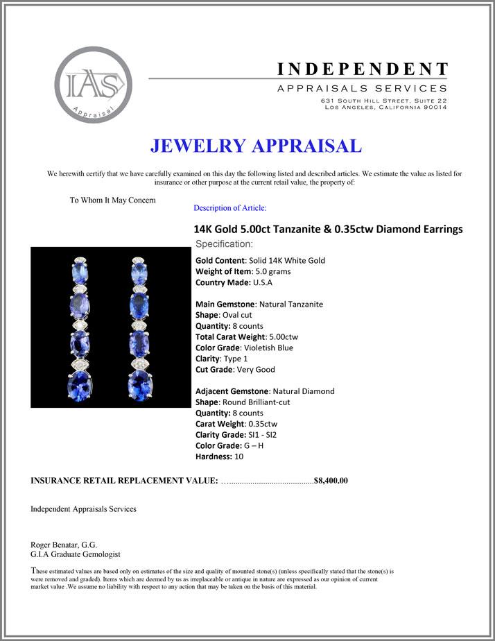 14K Gold 5.00ct Tanzanite & 0.35ctw Diamond Earrin