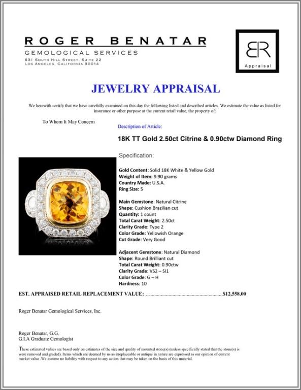 18K TT Gold 2.50ct Citrine & 0.90ctw Diamond Ring