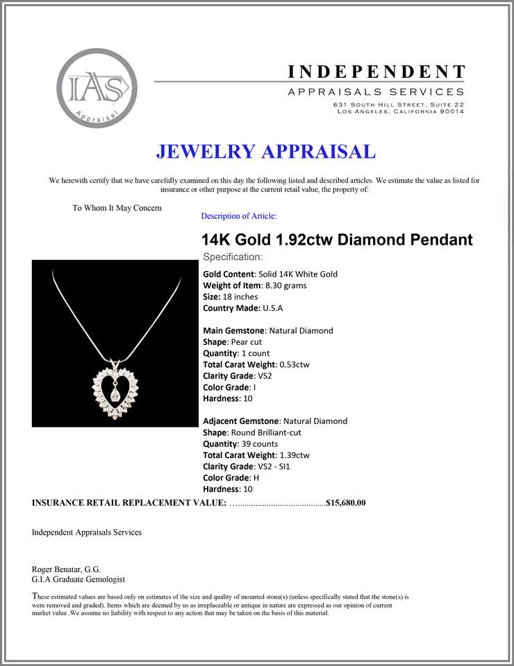 14K Gold 1.92ctw Diamond Pendant