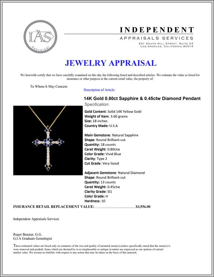 14K Gold 0.80ct Sapphire & 0.45ctw Diamond Pendant