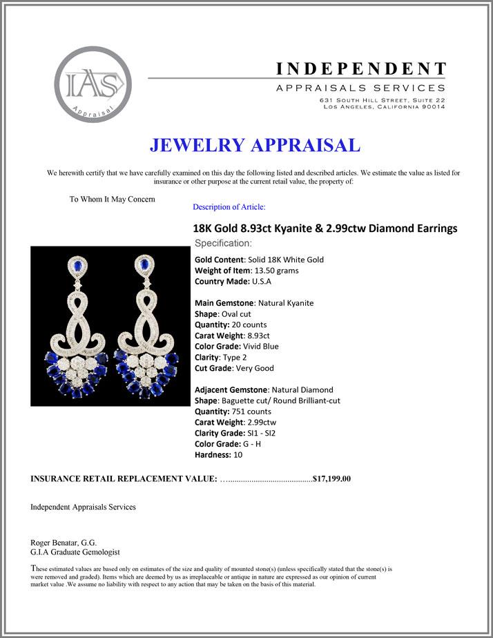 18K Gold 8.93ct Kyanite & 2.99ctw Diamond Earrings