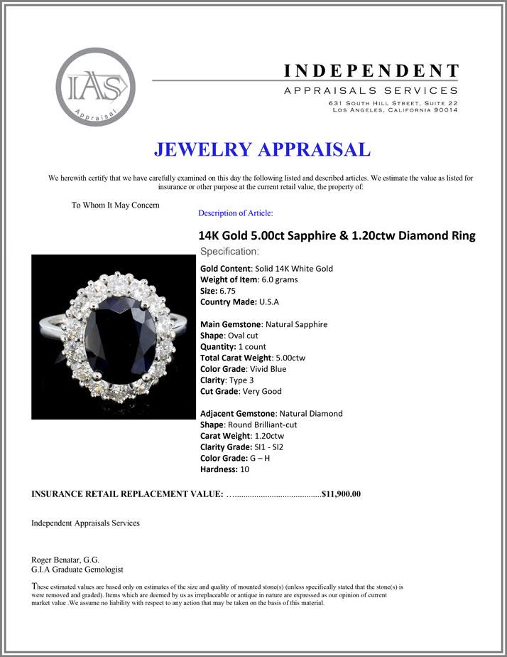 14K Gold 5.00ct Sapphire & 1.20ctw Diamond Ring