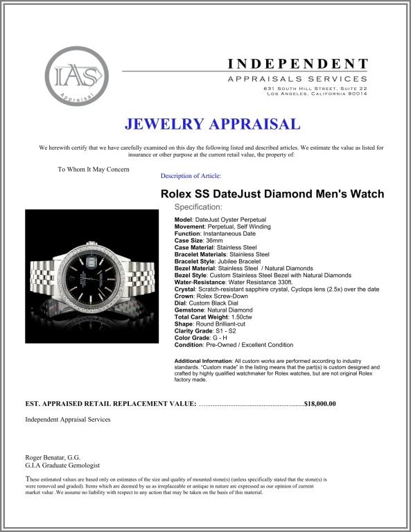 Rolex SS DateJust 1.50ct Diamond 36mm Watch
