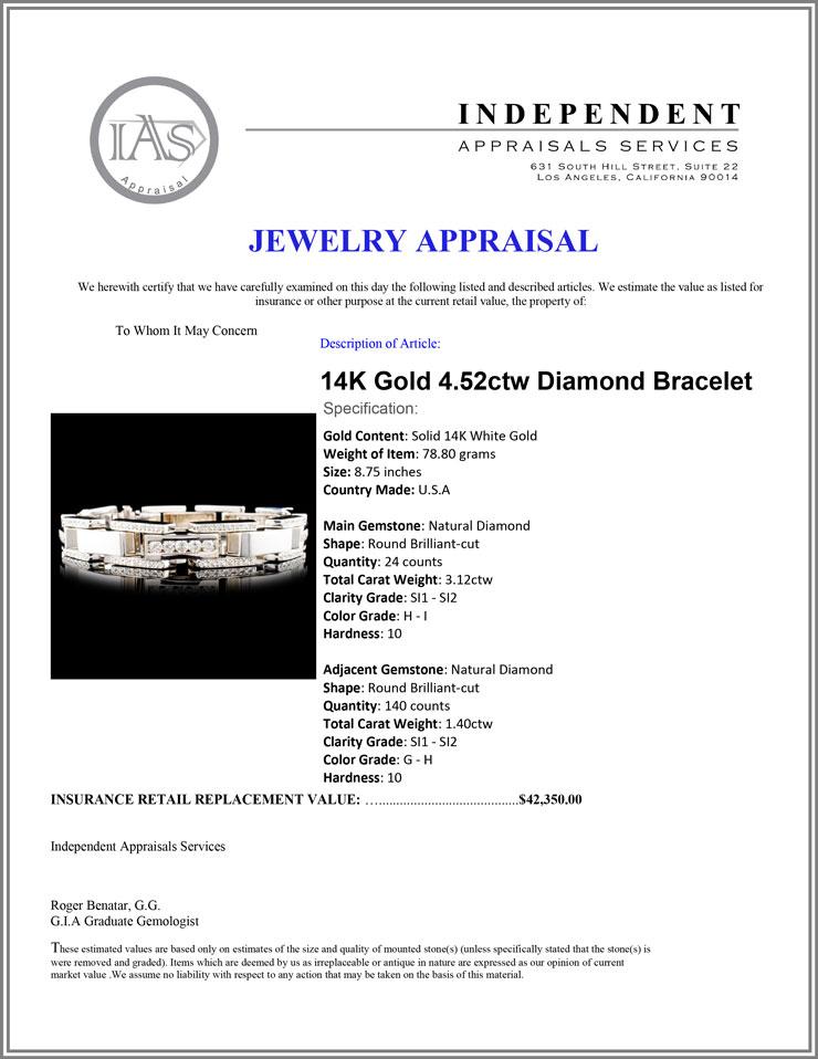 14K Gold 4.52ctw Diamond Bracelet