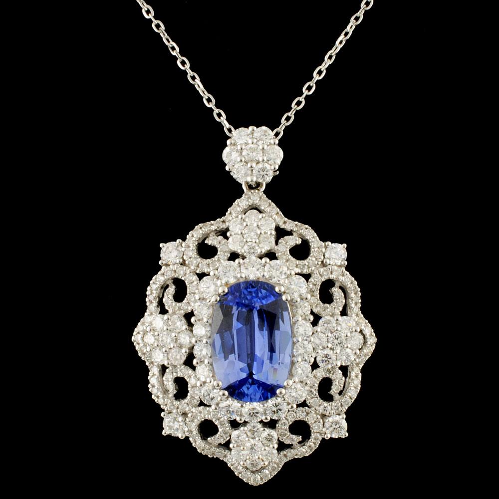 18K Gold 2.90ct Sapphire & 1.56ctw Diamond Pendant