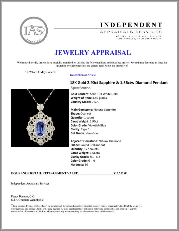 18K Gold 2.90ct Sapphire & 1.56ctw Diamond Pendant