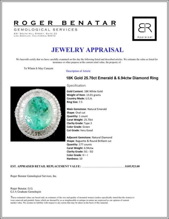 18K Gold 25.70ct Emerald & 6.94ctw Diamond Ring