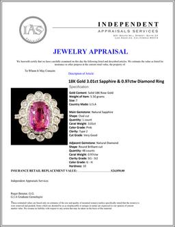 18K Gold 3.01ct Sapphire & 0.97ctw Diamond Ring