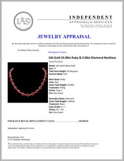 14k Gold 54.00ct Ruby & 2.00ct Diamond Necklace