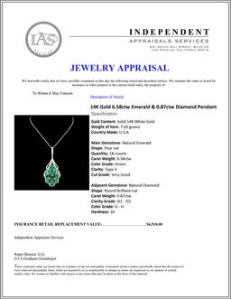 14K Gold 6.58ctw Emerald & 0.87ctw Diamond Pendant