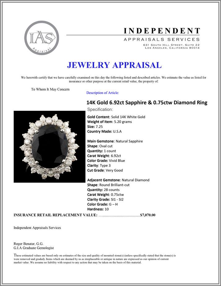 14K Gold 6.92ct Sapphire & 0.75ctw Diamond Ring