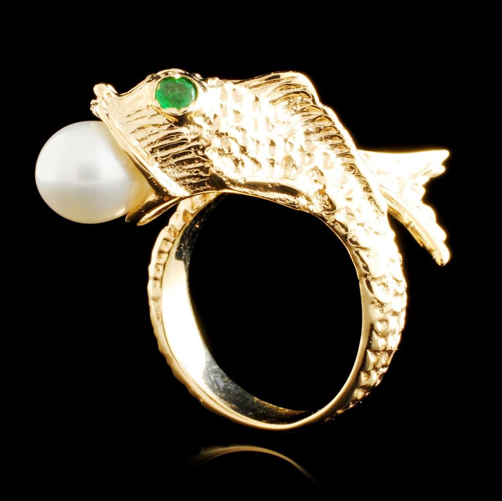 14K Gold 6.75MM Pearl & 0.10ctw Emerald Ring