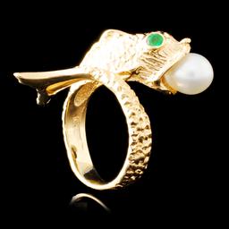 14K Gold 6.75MM Pearl & 0.10ctw Emerald Ring