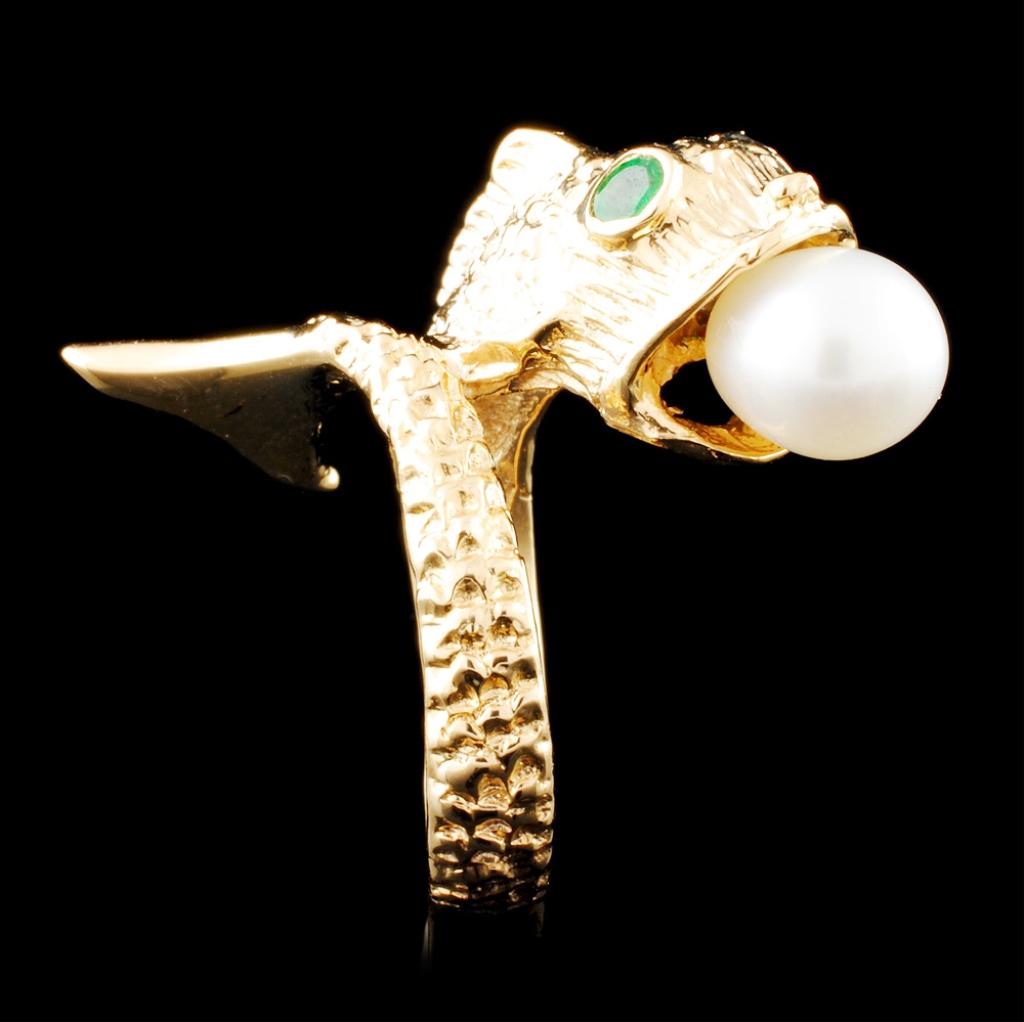 14K Gold 6.75MM Pearl & 0.10ctw Emerald Ring