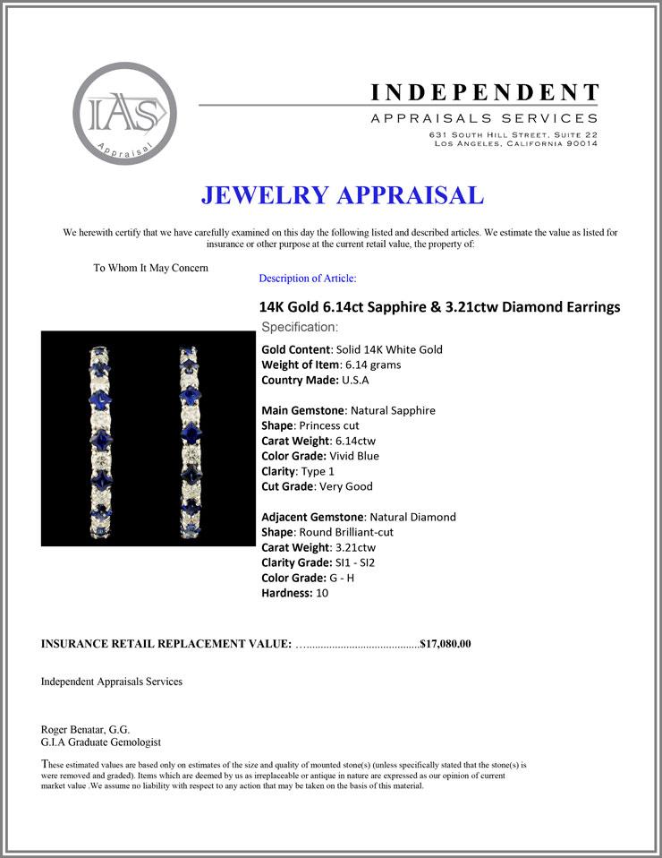 14K Gold 6.14ct Sapphire & 3.21ctw Diamond Earring