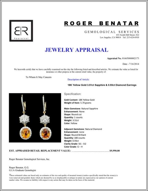 18K Gold 3.51ct Sapphire & 0.93ct Diamond Earrings