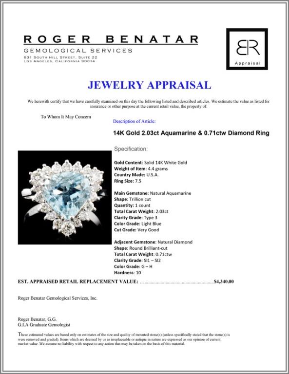 14K Gold 2.03ct Aquamarine & 0.71ctw Diamond Ring