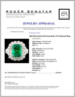 18K W Gold 3.54ct Emerald & 1.77ct Diamond Ring