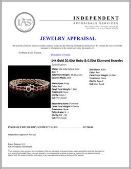 14k Gold 20.00ct Ruby & 0.50ct Diamond Bracelet