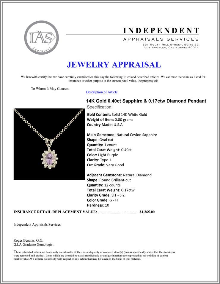 14K Gold 0.40ct Sapphire & 0.17ctw Diamond Pendant