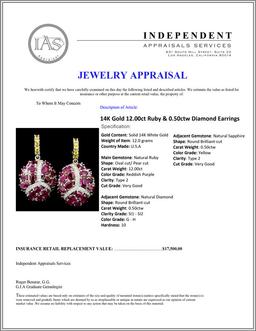 14K Gold 12.00ct Ruby & 0.50ctw Diamond Earrings