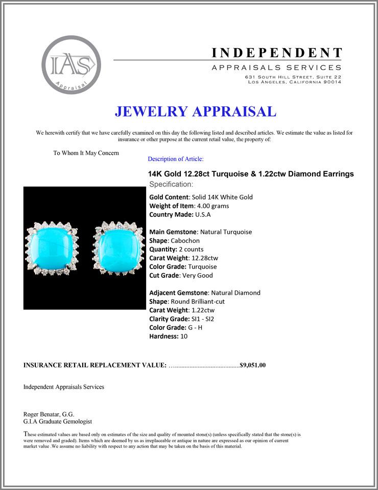 14K Gold 12.28ct Turquoise & 1.22ctw Diamond Earri